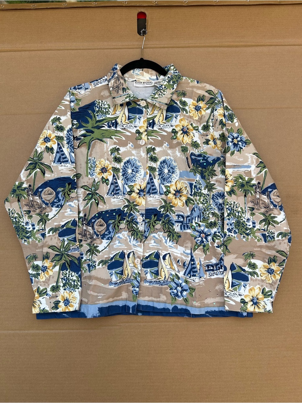 Allyson Whitmore Beach Printed Shirt Women's XL Button Cotton Green Blue